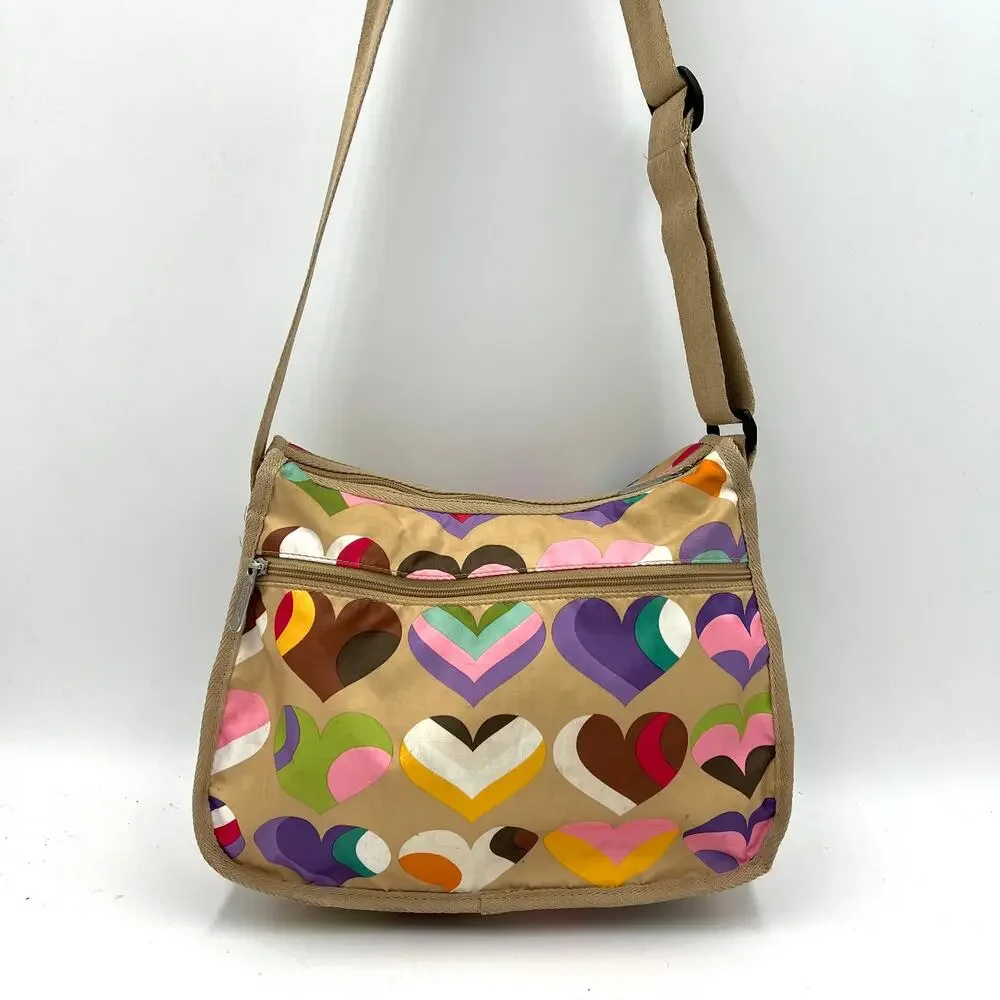 LeSportsac Hobo Vintage Classic Hearts Printed Nylon Tan Lovecore